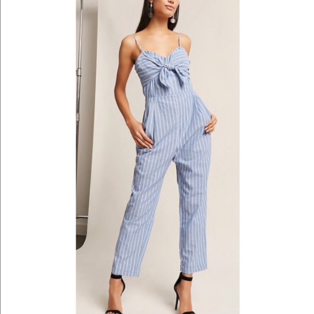 LUSH Pin Strippe Bow Tie Front Jumpsuit